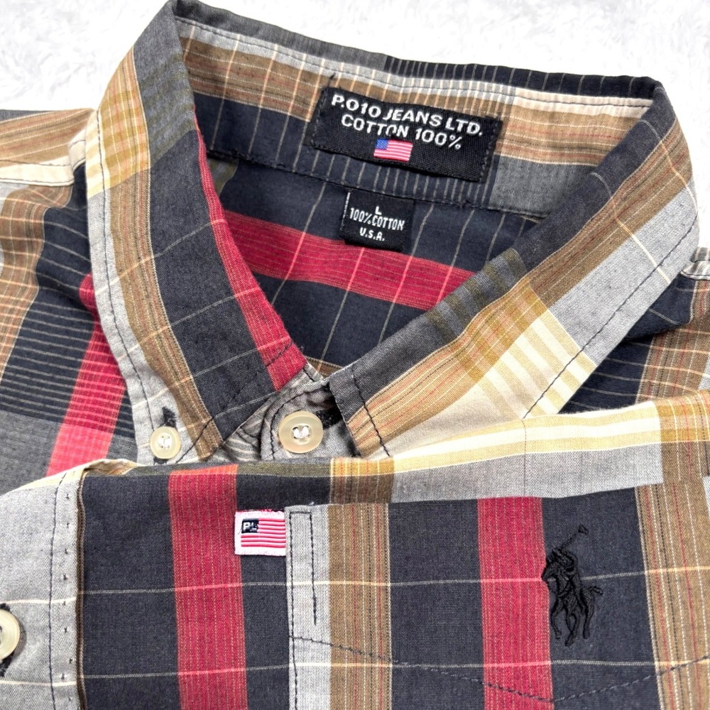 VTG 90s P010 Jeans Ltd Button Shirt Men L Multi Color Plaid Short Slv PONY FLAG